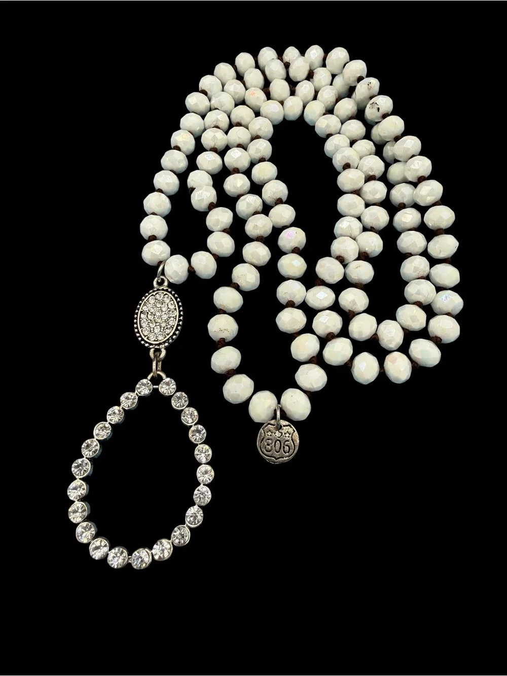 White Faceted Glass Beaded Long Necklace with Rhinestone Teardrop Pendant